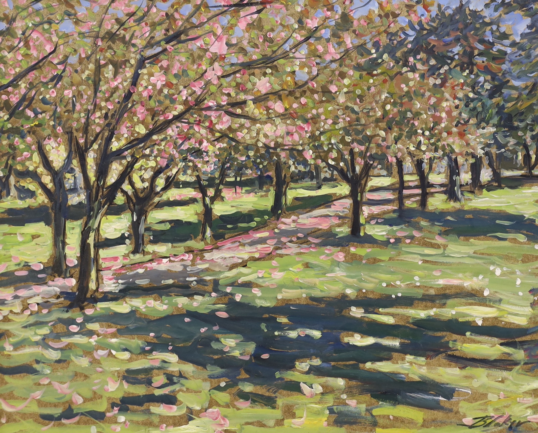 Michael Blaker (1928-2018), two oils on board, 'View of a house in Ellington Park, Ramsgate' and a 'View of an orchard', signed, 50 x 60cm